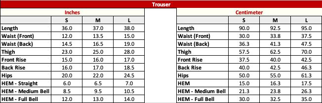 Zarishay Size Chart for Trousers